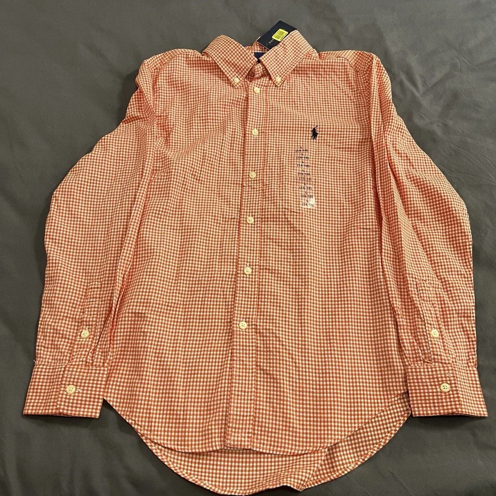 NWT Ralph Lauren Boys Button Down Youth Long Sleeve Orange Gingham Size L 14-16